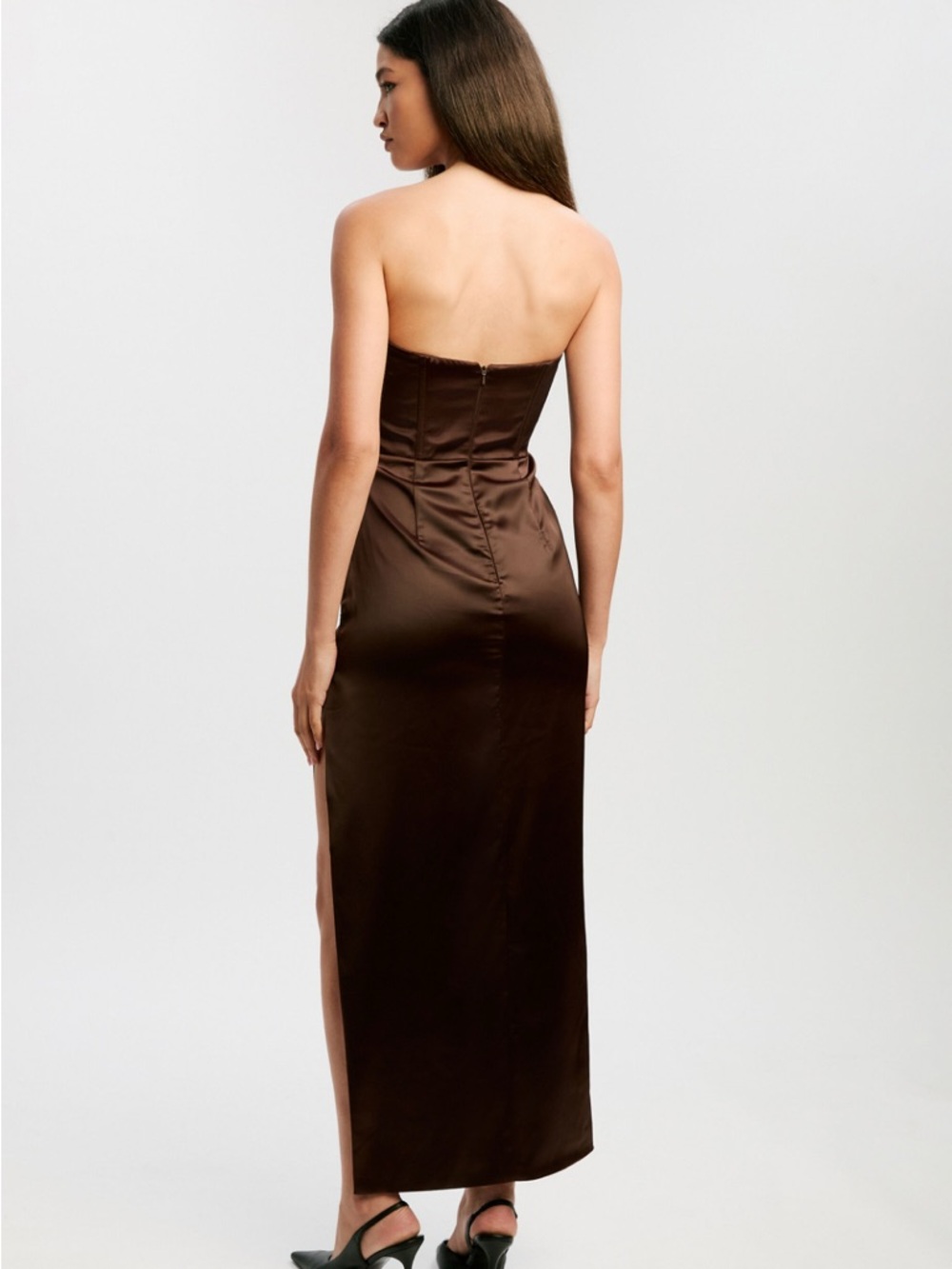 Bardot Everlasting Satin Chocolate Brown Strapless Corset Midi Dress - Picture 5 of 15